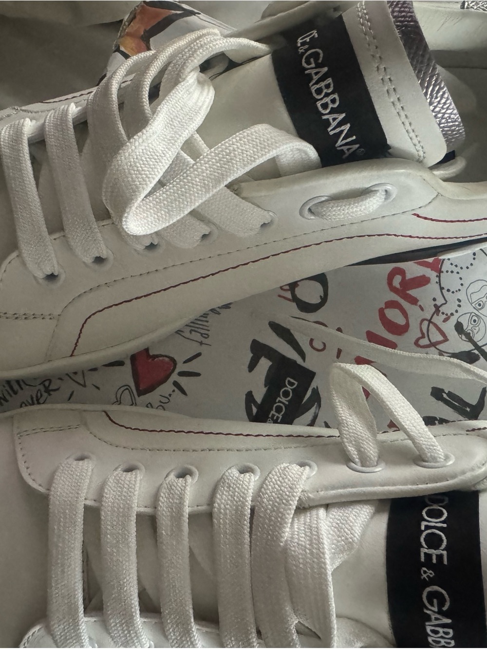 Dolce & Gabbana White Sneakers with Red Stitching and Graphic Insole - Picture 2 of 6